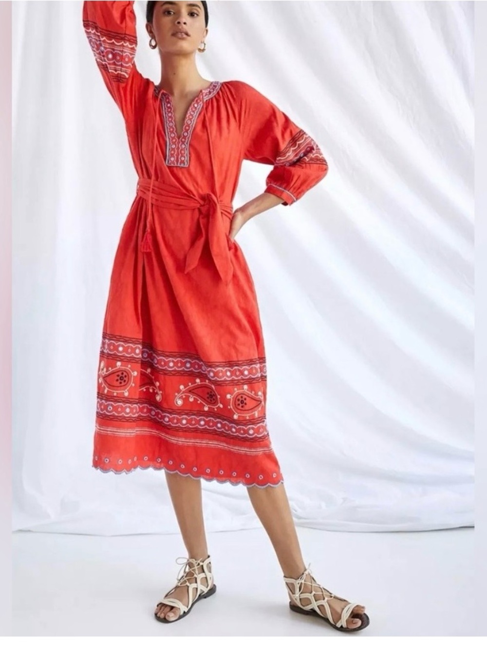 Anthropologie Coral-Red Embroidered Tie-Waist Midi Dress